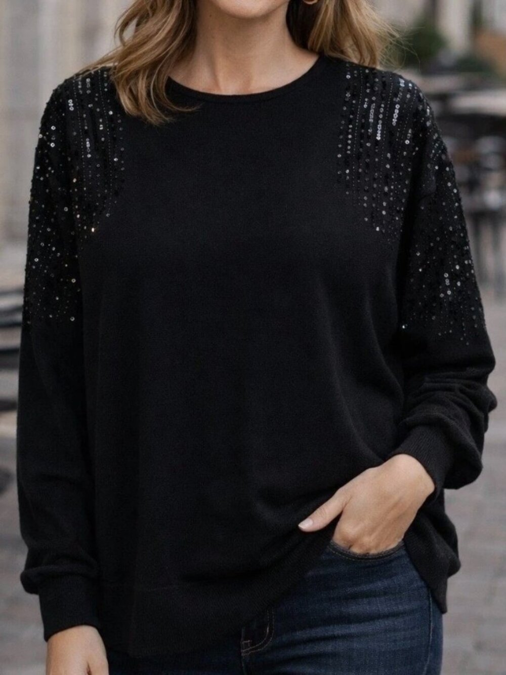 Tahari Black Sequin Batwing Style Sweater Women’s Sz S Fine Knit‎ GLAM Pullover